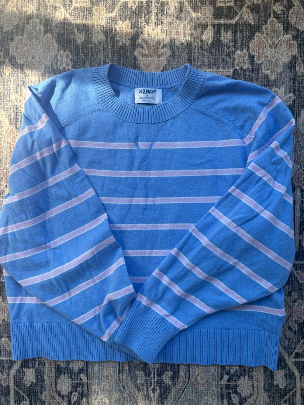 Old Navy Light Blue Crewneck Sweater with Pink & White Stripes